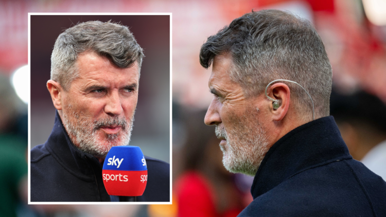 MANCHESTER, ENGLAND - MAY 12: Former Manchester United player and Sky Sports pundit Roy Keane stands pitchside ahead of the Premier League match be...