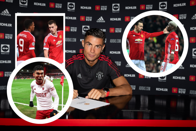 Cristiano Ronaldo signs Man Utd contract in 2021. Inset picture of Zlatan Ibrahimovic and Paul Pogba. Inset of Casemiro celebrating a goal. Another...