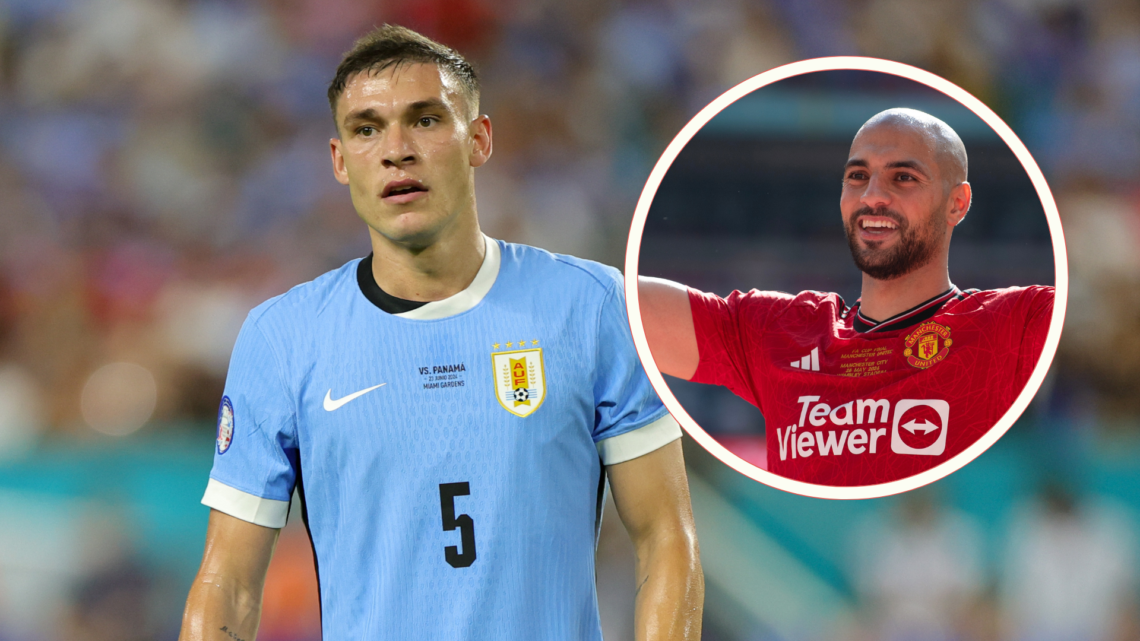 Manuel Ugarte playing for Uruguay. Inset, Sofyan Amrabat celebrates at Wembley