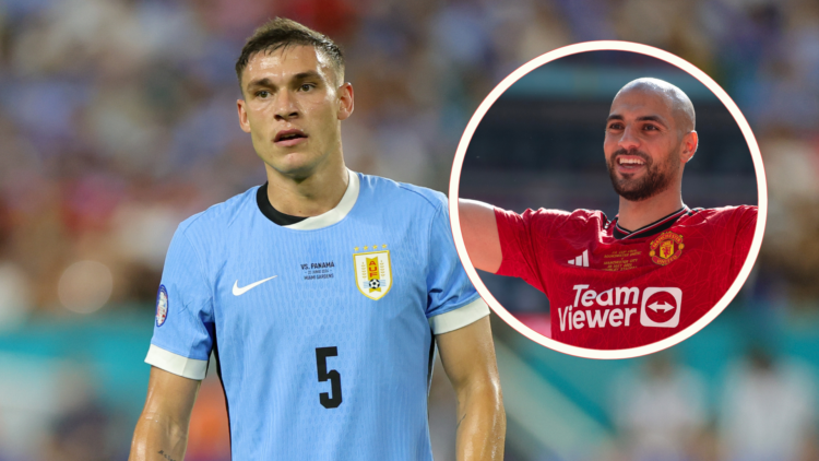 Manuel Ugarte playing for Uruguay. Inset, Sofyan Amrabat celebrates at Wembley