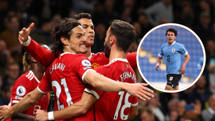 Edinson Cavani, Bruno Fernandes and Cristiano Ronaldo celebrate, inset Facundo Pellistri playing for Uruguay