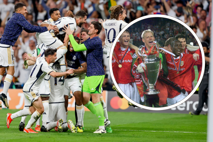 Real Madrid celebrate winning the 2024 Champions League semi-final - inset, Manchester United win Champions League in 1999