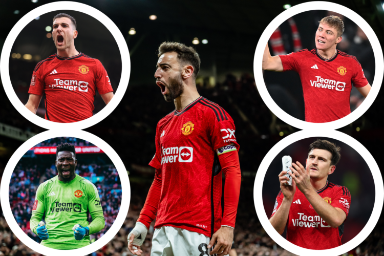 Bruno Fernandes celebrates, surrounded by four insets of headshots of Diogo Dalot, Andre Onana, Rasmus Hojlund, Harry Maguire