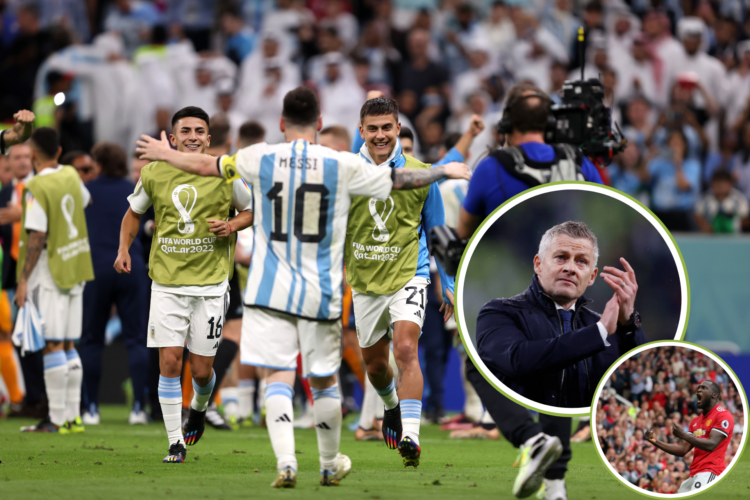 An image of Paulo Dybala hugging Lionel Messi, with Ole Gunnar Solskjaer clapping, Romelu Lukaku celebrating