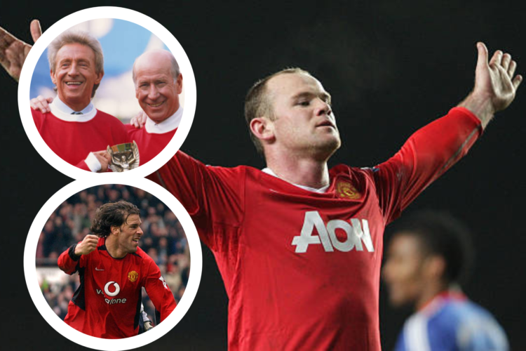 Wayne Rooney arms aloft, celebrates for Manchester United. Inset, Denis Law and Sir Bobby Charlton. Inset image of Ruud van Nistelrooy celebrating ...