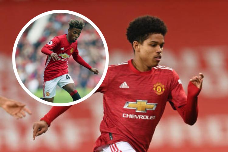 Shola Shoretire makes his Manchester United debut in 2021. Inset image of Angel Gomes making his debut in 2017