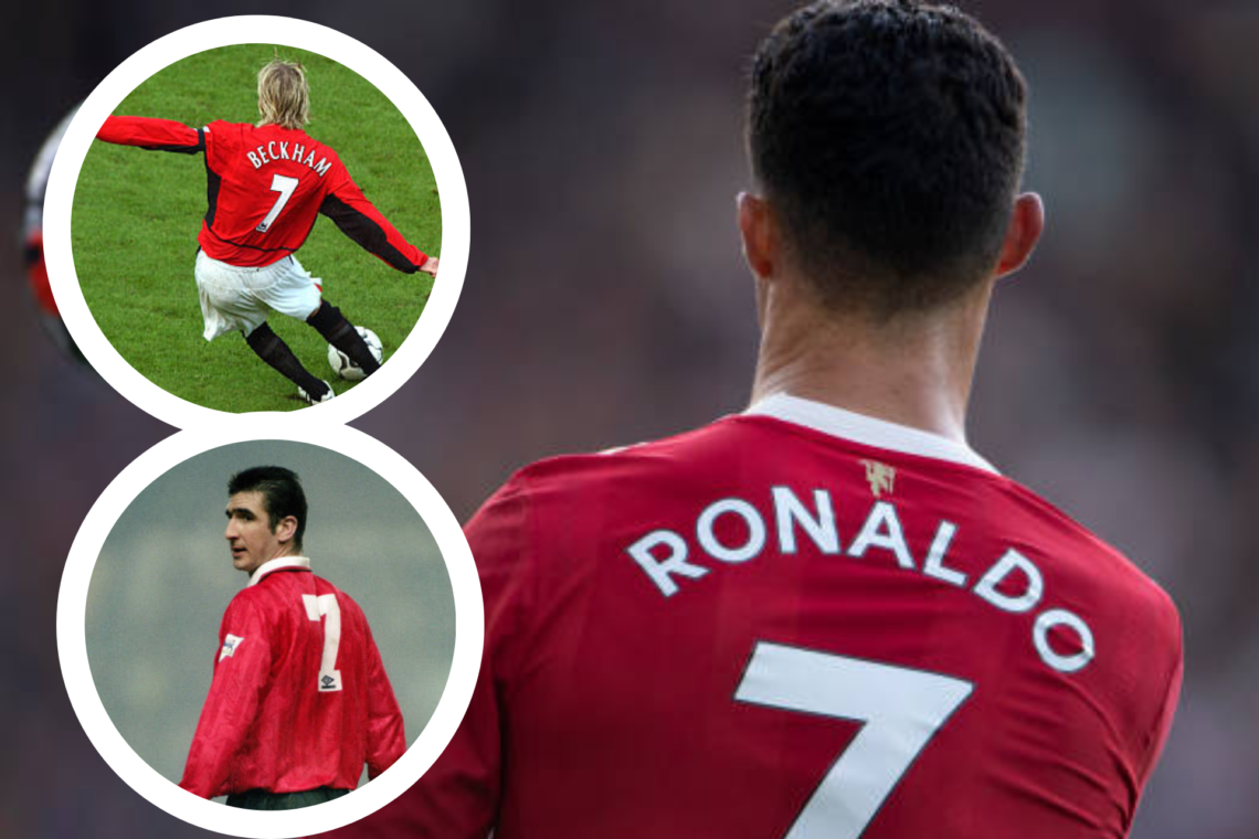 Cristiano Ronaldo wearing Manchester United's number 7 shirt. Inset images of David Beckham and Eric Cantona also wearing the number 7