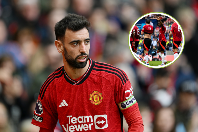 Manchester United midfielder Bruno Fernandes looks on, Amad Diallo celebrates after his goal against Rangers