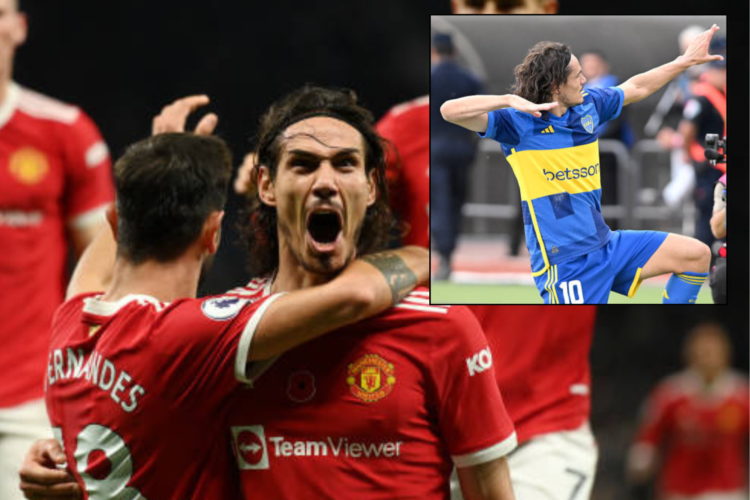 LONDON, ENGLAND - OCTOBER 30: Edinson Cavani of Manchester United celebrates with team mate Bruno Fernandes after scoring during the Premier League...